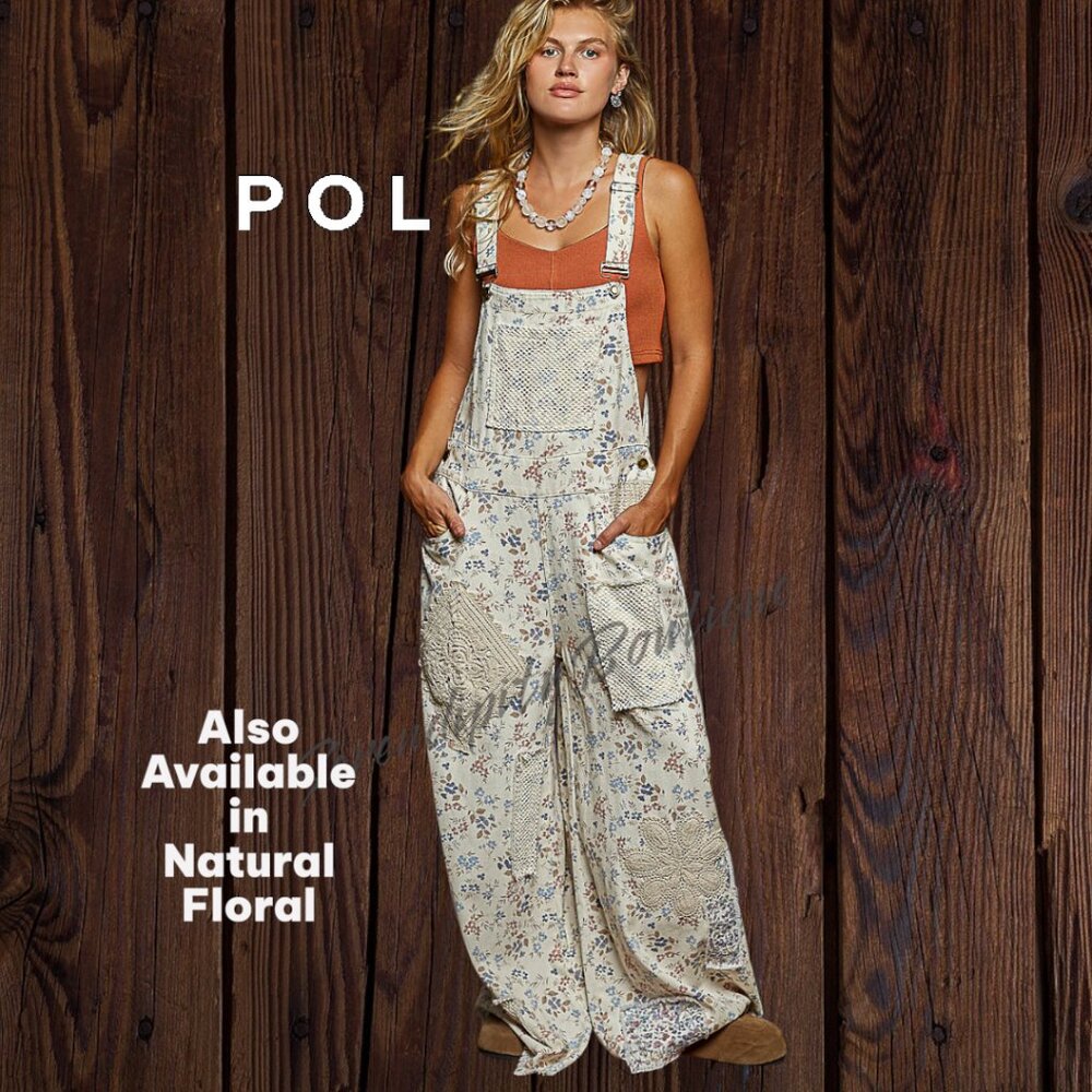 POL LAST ONE Boho Mixed Fabric Cotton Denim Floral Patch Suspender Strap Jeans - Picture 14 of 16